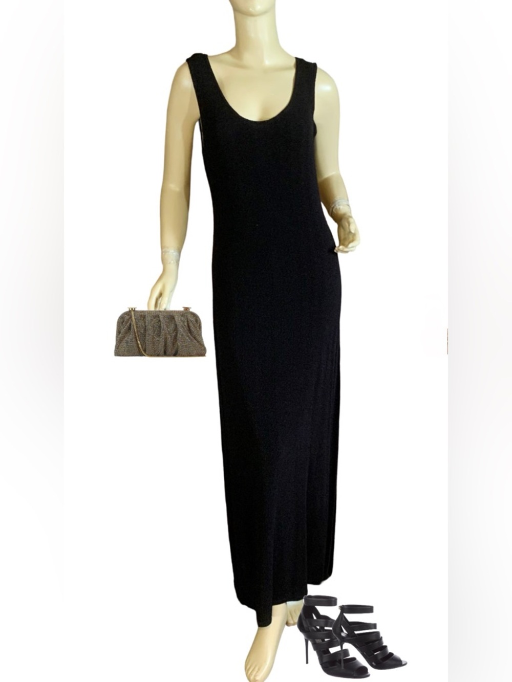 VINTAGE 1990'S NICOLE STUDIO BLACK SLINKY KNIT MAXI COCKTAIL DRESS (8)